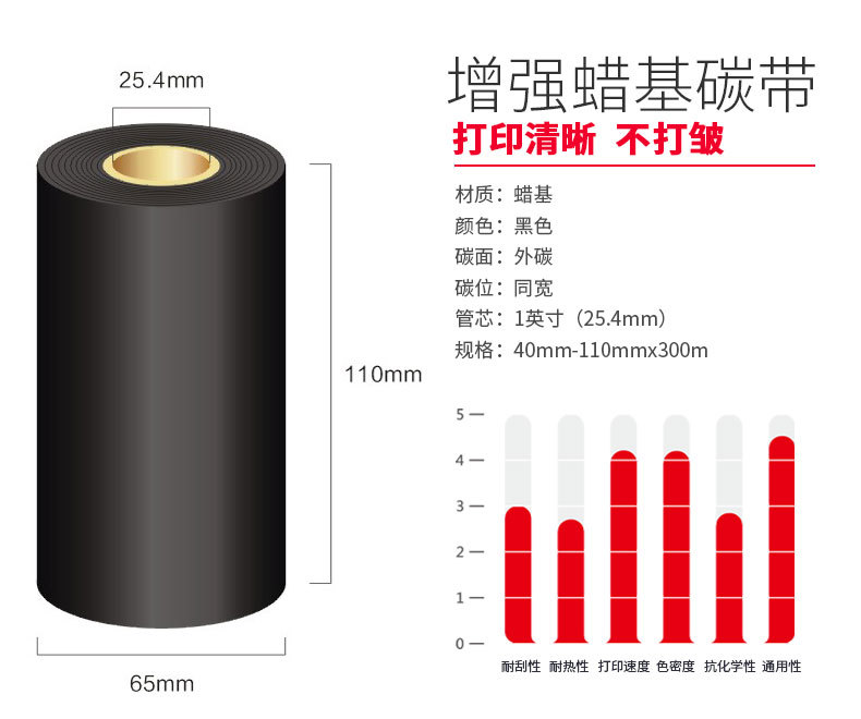 增強(qiáng)蠟基碳帶40 50 60 70 80 90 100 110mm 300m條碼打印機(jī)專用碳帶