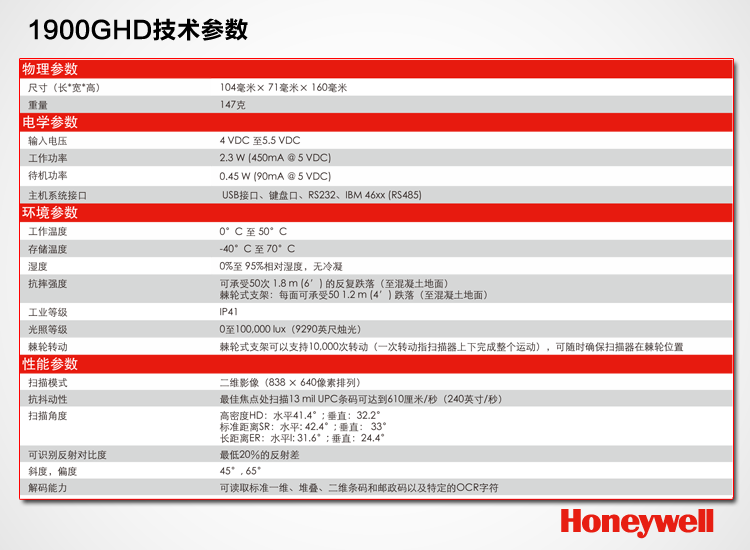 霍尼韋爾Honeywell 1900GHD醫(yī)療 化工 高密度二維碼掃描槍